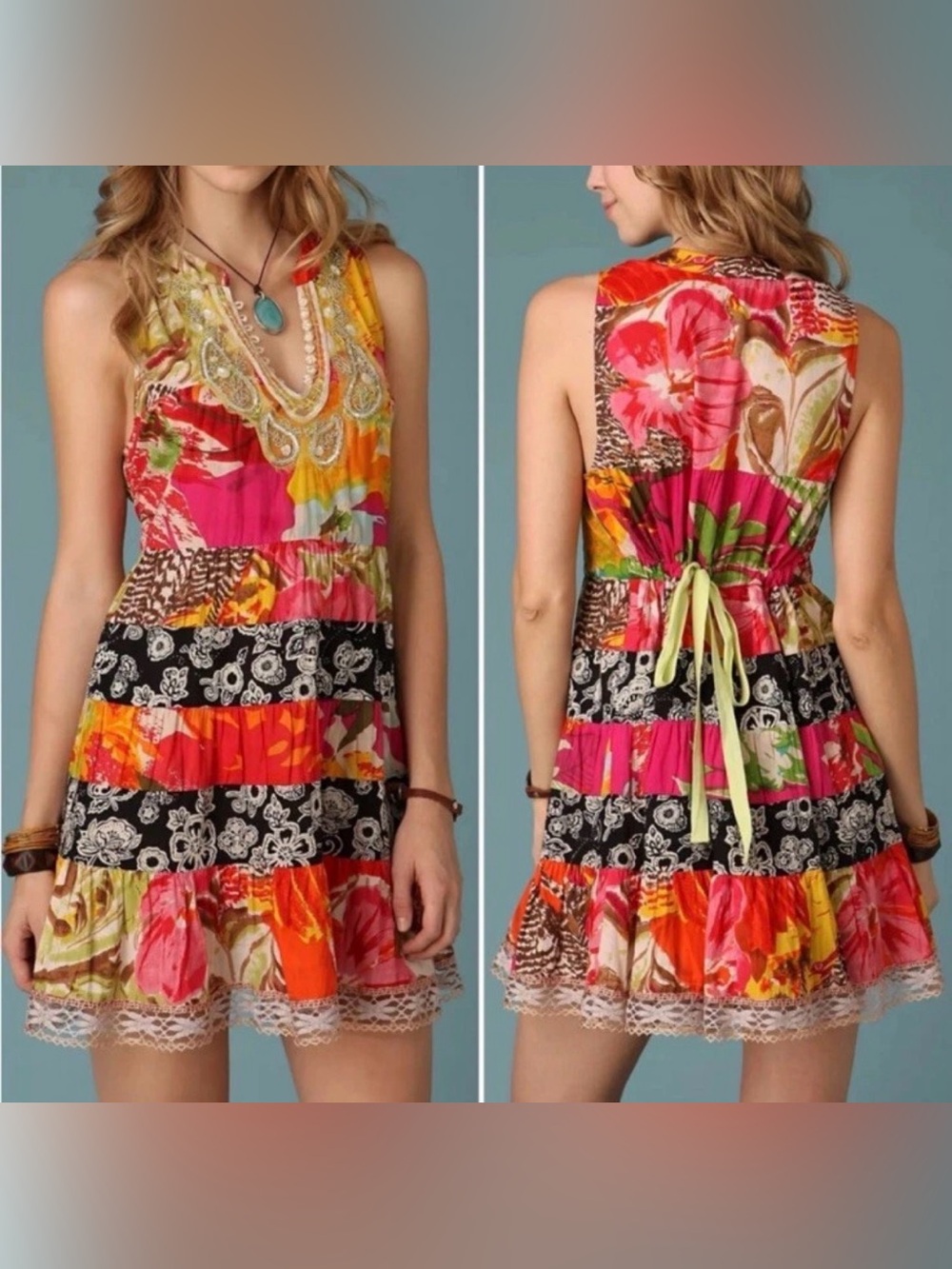 Free People Boho Patchwork Floral Tunic Dress Medium 100% Cotton Beaded